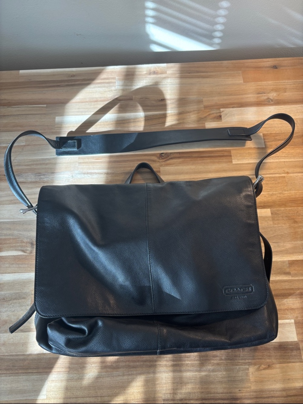 Coach Black Pebbled Leather Messenger Bag for Men